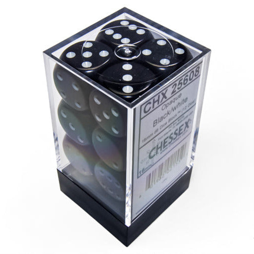 Dice Block 12 x 16mm D6: Opaque Black/white