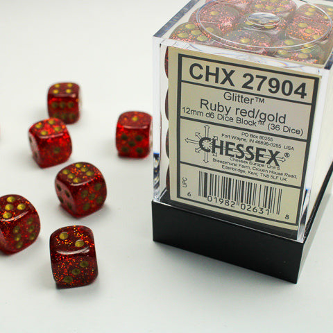Dice Block 36 x 12mm D6: Glitter Ruby/gold